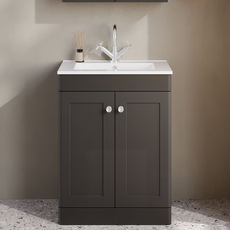 Nuie Classique Floor Standing 2-Door Vanity Unit with 1TH Minimalist Basin 600mm Wide - Satin Anthracite (1/5)