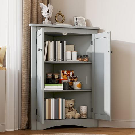 Meuble d'angle de salle de bain gris en MDF, 2 portes et 3 niveaux, 61,5 x 34,5 x 80 cm (1/5)