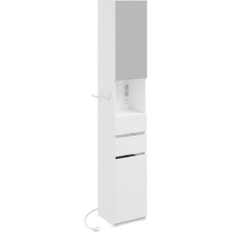 SoBuy Badezimmerschrank schmal mit Spiegeltür und Steckdose Hochschrank mit Wäschekorb und USB-Anschluss 30×30×180.5 cm Tragkraft 55 kg BZR240-E-W (1/5)