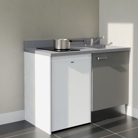 Kitchenette K08L - 120 cm - plan monobloc évier intégré Cromo- évier à droite - Façades Gris + Electroménager inclus coloris Blanc