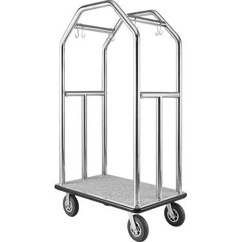 Chariot à bagages d'hôtel, cadre en acier inoxydable, charge max 680 kg, roues en caoutchouc 203 mm, plateau gris moquetté, trolley commercial pour hôtels et resorts. (1/5)