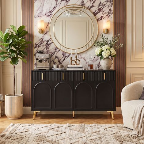 Creahappy Buffet Enfilade 140x38x82 cm - Grand Rangement Salon Salle à Manger - 4 Portes 4 Tiroirs Design Cannelé - Noir et Doré (1/5)