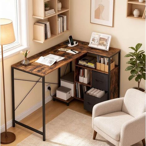 Bureau d’angle avec prise, 120 cm réversible, brun HAVRYA (1/4)