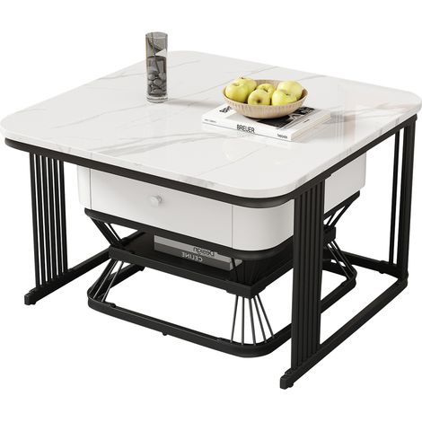 Lot de 2 tables basses carrées effet marbre brillant, table de salon avec 1 tiroir, structure métal, 70x70x45cm et 50x50x40cm (1/5)