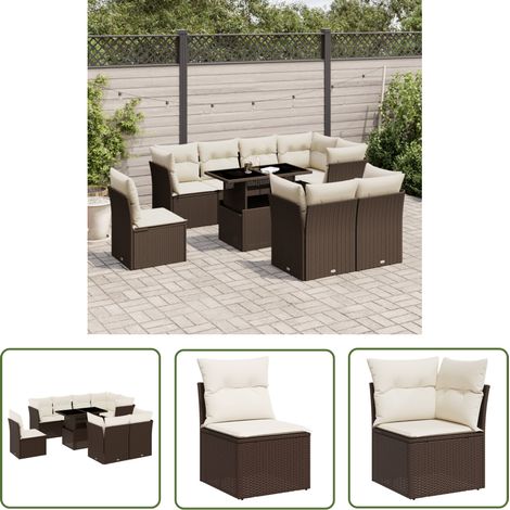 The Living Store Salon de jardin avec coussins 9 pcs marron résine tressée - Ensemble Salon De Jardin - Meuble Extérieur - Mobilier De Jardin - Salon De Jardin Brun - Set Salon De Jardin (1/5)