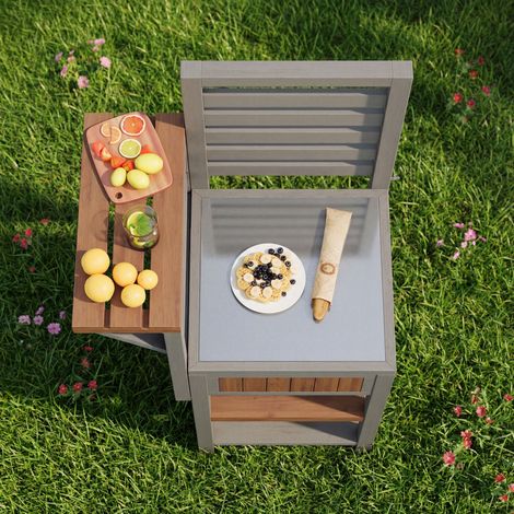 Armoire de jardin extérieure en bois, résistante aux intempéries – abri à outils avec grand plan de travail en inox et double étagère, espace barbecue avec rangements supplémentaires, armoire de cuisi (1/5)
