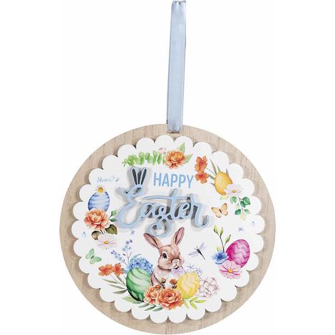 Ghirlanda a decorazione pasquale in legno con scritta Happy Easter da appendere, set da 4 pezzi, Ø 25 cm