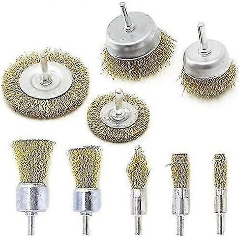 Ensemble de 9 brosses métalliques en laiton avec meule et godet, tige de 6,35 mm (1/4"), brosse à embouts en acier revêtu, idéal pour éliminer la rouille, la corrosion et la peinture. (1/2)