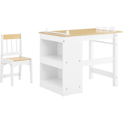SoBuy Tavolino Bambini con 1 Sedia, Set Tavolo e Sedie per Bambini Multiattività con 2 Ripiani, Tavolo Disegno e Gioco, Sedia Scrivania Cameretta Bianco e Naturale 80x50x66cm KMB60-WN