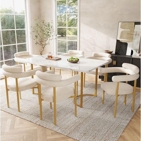 Silla de comedor tapizada, asiento amplio, respaldo ergonómico, tejido suave beige y metal dorado (1/5)