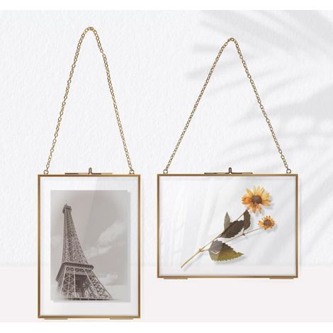 2PCS Cadres Photo Double en Verre et Métal, 13 18cm, Cadre Verre Mural Transparent, Cadre Rectangulaire pour Fleur Séchée, Photo, Figure, Carte, Certificat, Or (1/5)
