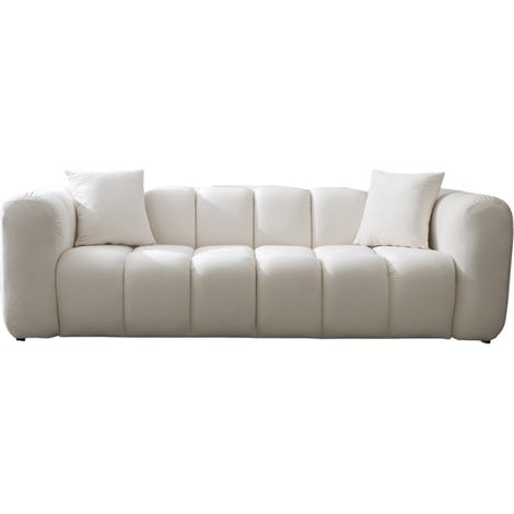 Canapé droit 3 places velours beige – Assise moelleuse – Largeur d'assise 181 cm – Dimensions L. 236 x P. 94 x H. 70 cm (1/5)