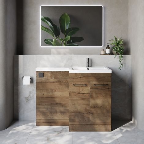 Napoli 460 Tobacco Oak 1100mm 2 Door Vanity Unit Toilet Suite with Right Hand Square Lucia Basin - 1100mm - Matt Black 160mm HandleWithout Kingston Toilet Pan
