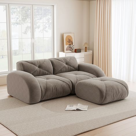 Canapé moderne 2 places marron avec tabouret,mousse 32D,tissu chenille résistant aux animaux,antidérapant et doux.