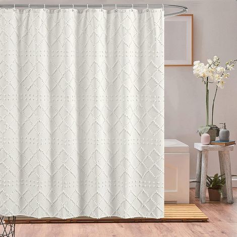 Rideau de douche blanc bohème pour salle de bain avec 12 crochets, motif géométrique touffeté, moderne, texturé, marocain, minimaliste, esthétique pour salle de bain, 183 x 183 cm (1/5)