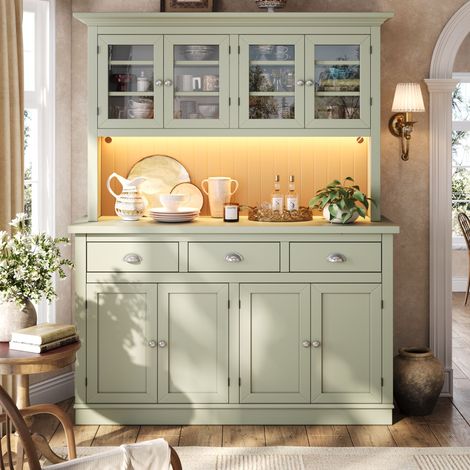 Moderner Hochschrank Sideboard mit RGB-LED-Beleuchtung, Kippsicherung, Acryl-Tür und verstellbaren Böden, Soft-Close-Metallgriffen, vielseitiger Aufbewahrungsschrank, Grün (1/5)