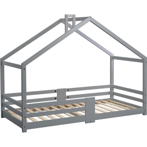 Letto casetta per bambini 90 x 200 cm in legno di pino grigio con camino e barriera di sicurezza (1/5)