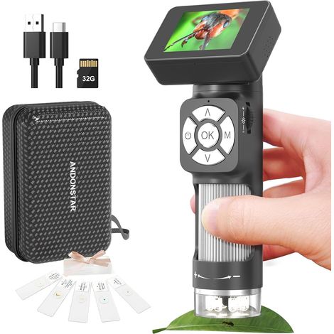 Kit de Microscope de Poche Portable pour Enfants et Adultes avec écran LCD 2", Mini Microscope numérique Portable 500X avec 8 lumières LED réglables, Compatible Windows PC (1/5)