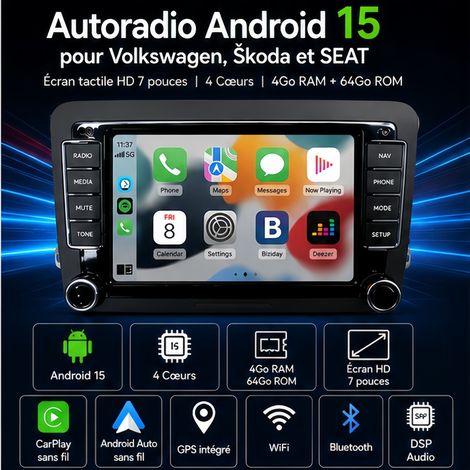 Autoradio Android 15 pour VW Seat Skoda 7 Pouces CarPlay Sans Fil GPS 4Go 64Go (1/5)