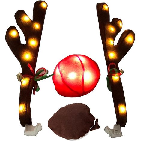 Décorations de Noël pour voiture : bois de renne, kit de décoration lumineuse pour véhicule avec grelots et nez rouge, adorables décorations de Noël pour voiture avec bois de renne. (1/5)