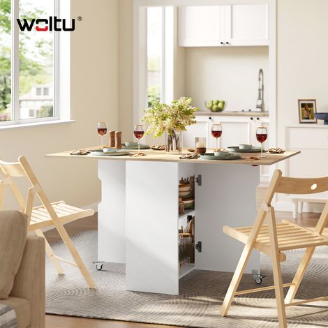 WOLTU Esstisch klappbar, Küchentisch mit Rollen 2 Ablagen, Esstisch für 2-4 Personen, für kleine Räume, Esszimmer, Küche, 130x80x72 cm, Weiß+Helle Eiche (1/5)