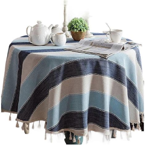 Rustikale runde Tischdecke mit Streifen aus Baumwolle und Leinen im Landhausstil (1/5)
