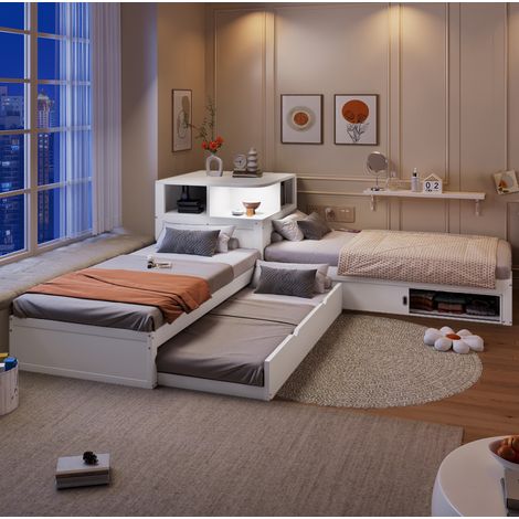 Lit enfant 90x200 avec lit gigogne, rangement à portes coulissantes et veilleuse OKMYHOME (1/5)