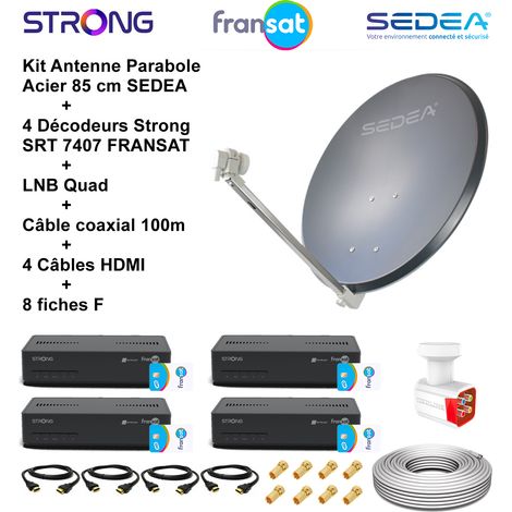 Kit Parabole Acier 85cm Anthracite + LNB Quad HD 4K + 4 Décodeurs SRT 7407 FRANSAT + Câble 100m + 4 Câbles HDMI + 8 Fiches F (1/5)