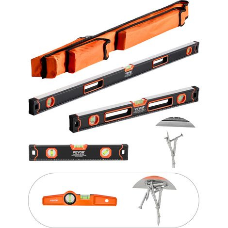 VEVOR 4 Pezzi Set Livello Torpedo, 250/400/600/1200 mm Livelle Scatola, Fluorescente Luce Up Bolla Fiale Righello per 45/90/180 Gradi, Lega di Alluminio, Antiurto, Solo 250mm Magnetico