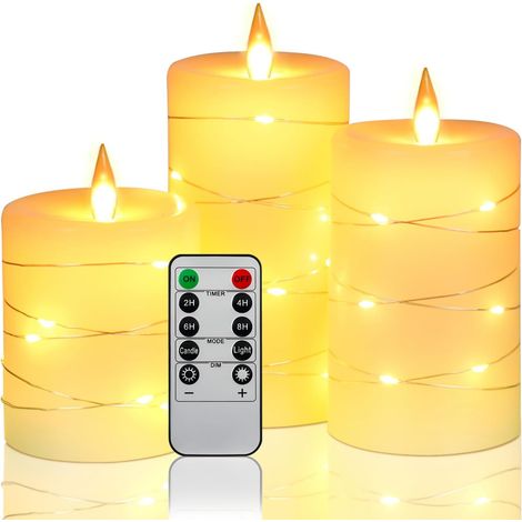LED Kerzen, mit eingebetteten Lichterketten, 3-LED-Kerzen, mit 10-Tasten-Fernbedienung, 24-Stunden-Timer-Funktion, tanzender Flamme, echtem Wachs, batteriebetrieben. (1/5)