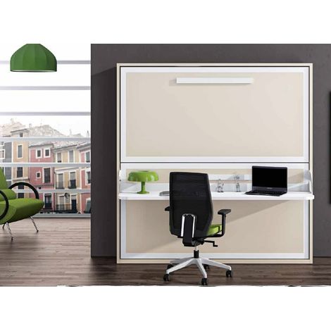 Lit superposé escamotable avec bureau Melina 90x200-2 matelas 90x200cm-Coffrage Blanc-Façade Frêne 3D (1/5)