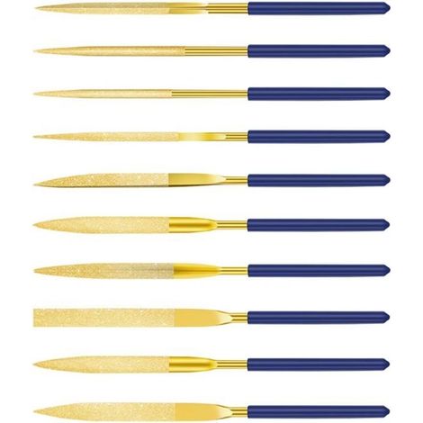 Set mit 10 Mini-Diamantmodellierfeilen, 140 mm, für Metall, Kunststoff, Glas, Holz, Schmuck, Skulpturen – Gold und Blau (1/4)