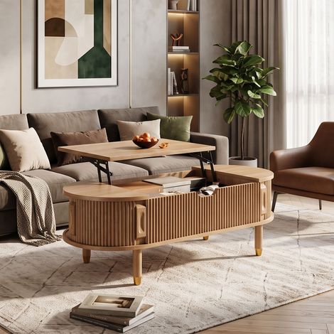 Creahappy Table Basse Relevable Ovale 110x48 cm - Gain de Place avec Portes Coulissantes Cannelées - Bois d'Hévéa - Chêne Naturel (1/5)