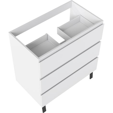 Meuble de Salle de Bain 80cm avec 3 tiroirs + 2 Pieds, Meuble sans vasque, Blanc
