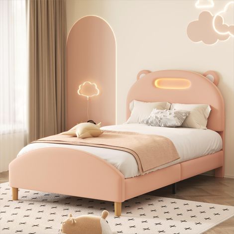 Einzelbett, Kinderbett, Jugendbett, Polsterbett mit LED-Leiste, Kopfteil in Form eines lustigen Bärenkopfes, mit Holzlattenrost, Samt, khaki (90x200cm) (1/5)