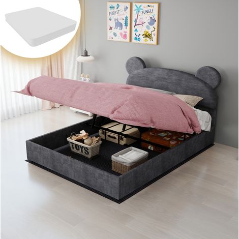 Letto imbottito per bambini in velluto grigio 140x200 cm con contenitore sollevabile, testiera con orecchie rotonde e materasso incluso