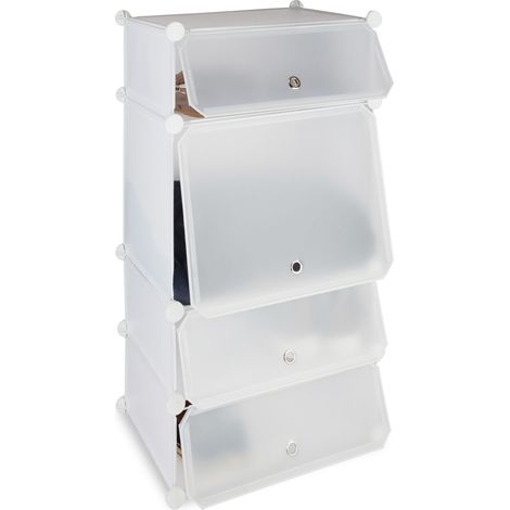 Relaxdays Schuhregal Kunststoff, Regalsystem 4 Fächer, Steckregal, mit Türen, für 8 Paar, HBT 91 x 49 x 36,5 cm, weiß
