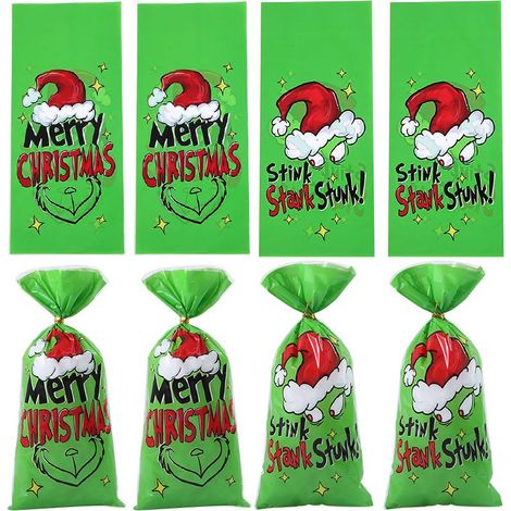 100 Weihnachtsgeschenktüten, festliche Bonbonpapierchen, Snacktüten mit Weihnachtsmann- und Weihnachtsbaummotiven, grün (1/5)