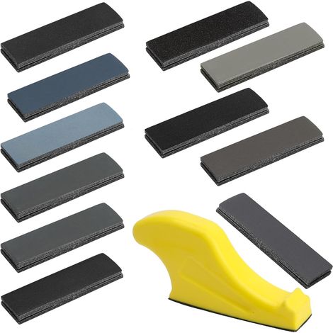 Lot de 75 feuilles de papier abrasif sec et humide Grain 120 à 5000 Papier abrasif fin pour bois, peinture de voiture, métal, pierre, verre, 9 x 3 cm Papier abrasif à eau avec bloc de ponçage (1/5)