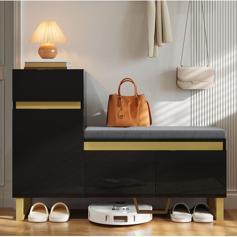 Meuble à chaussures en MDF noir 120x35x85 cm avec assise rembourrée, 1 tiroir, 2 portes et niche ouverte (1/5)