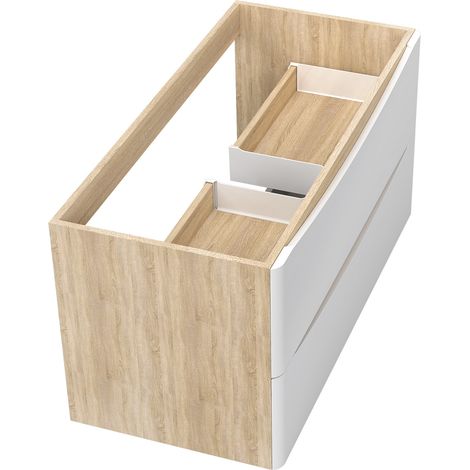Biubiubath Meuble de salle de bain suspendu 100 cm Brillant + 2 tiroirs, Blanc et Chêne - sans compter vasque
