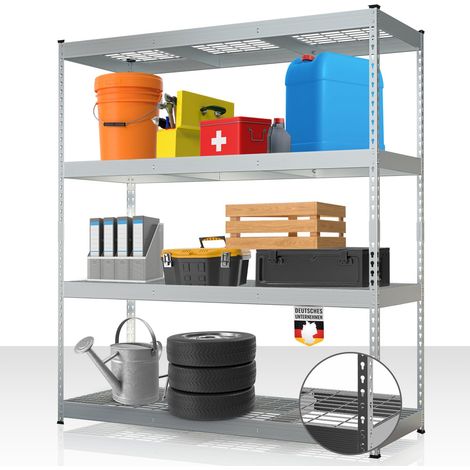 Étagère pour charges lourdes en acier avec tablettes grillagées Galvanisé 180 x 160 x 60 cm, 4 étages, Charge maximale : 1400kg (1/4)