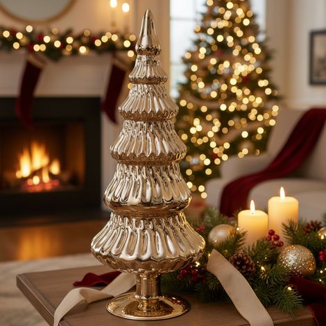 Statuetta Albero di Natale in vetro color oro, decorazione da h 35 cm -Modello 2 (1/4)