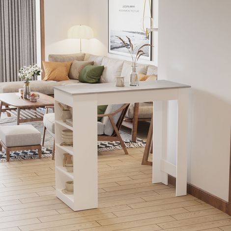 Table de bar pour 2 personnes, table haute mange debout avec 4 étagères ouvertes, 115x50x102,7cm, blanc et gris