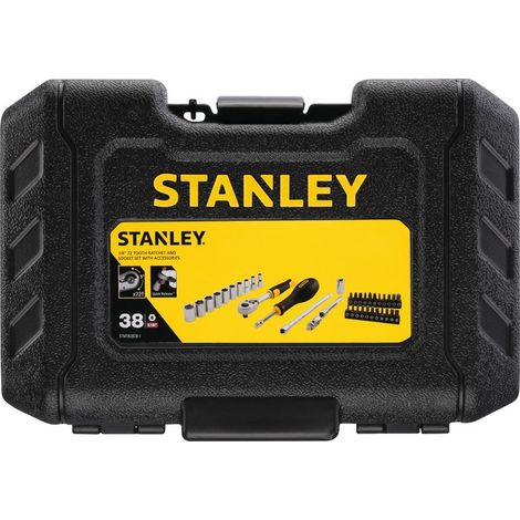 Stanley – Coffret cliquet et douilles 1/4' – 38 pièces – Cliquet 72 dents pour angle de reprise 5° – Éjection rapide des douilles