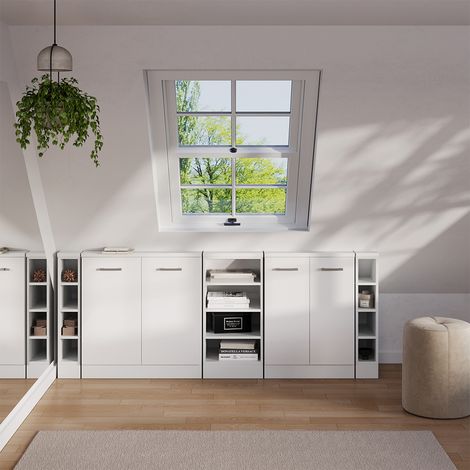 Armadio per tetti inclinati Rion, Bianco/bianco lucido, Set di 5, Vicco