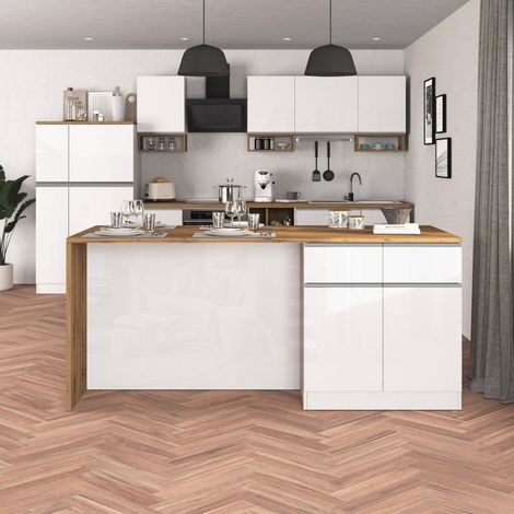 WHOUS Isola Cucina SOLE con 4 ante e 4 cassetti, tavolo da pranzo e piano di lavoro, ideale per open space e spazi ridotti, 200x90x90 cm, bianco lucido e rovere