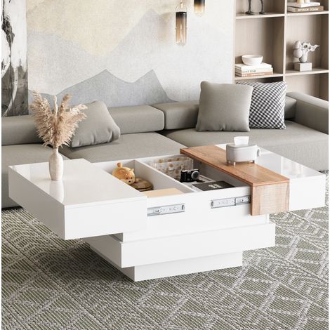 Mesa baja extensible 70x70x39 cm en paneles de madera blanca, con almacenaje para salón FloraGrace (1/5)