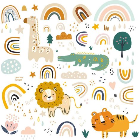 1 Jeu Autocollants Muraux Animaux Cartoons Décorations Garçon Fille Salle Avec Lion Tigre Et Stickers Colorés Pour Chambre Maison Et Magasin 4 Pièces (1/5)