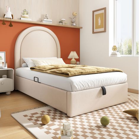 FLORAGRACE Lit enfant 90 x 200 cm en velours beige, motif cosmique, tête de lit arrondie, cadre solide en métal (1/5)